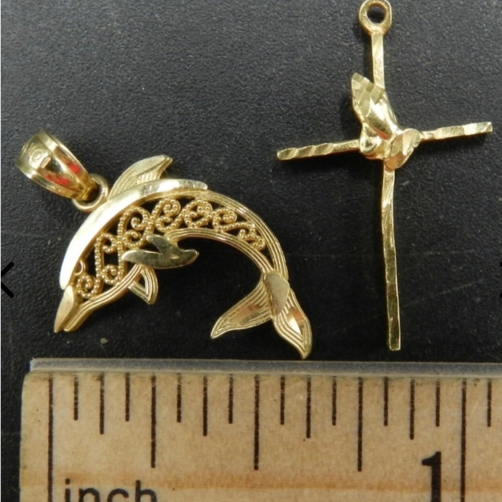 10k Gold Pendants Dolphin and Cross 1.36g